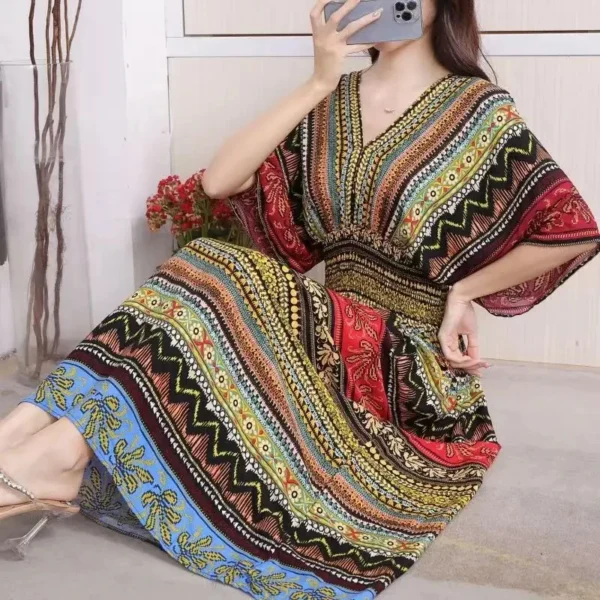 Casual Elegant Retro Bohemian National Style V-neck Elastic Waist Large Swing Printed Summer Long Skirt Woman Dress Clothes - Image 4