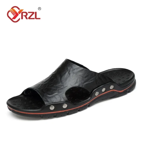 YRZL Sandals Mens Leather Classic Summer Men Slippers Soft Black Slippers PU Leather Slippers Lightweight EVA Slides for Men - Image 2