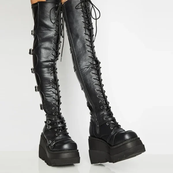 Punk Over-the-knee Boots Women Platform Heels Belt Buckle Boot Motorcycle Goth Shoe Thigh High Flat Boots Plus Size 42 43