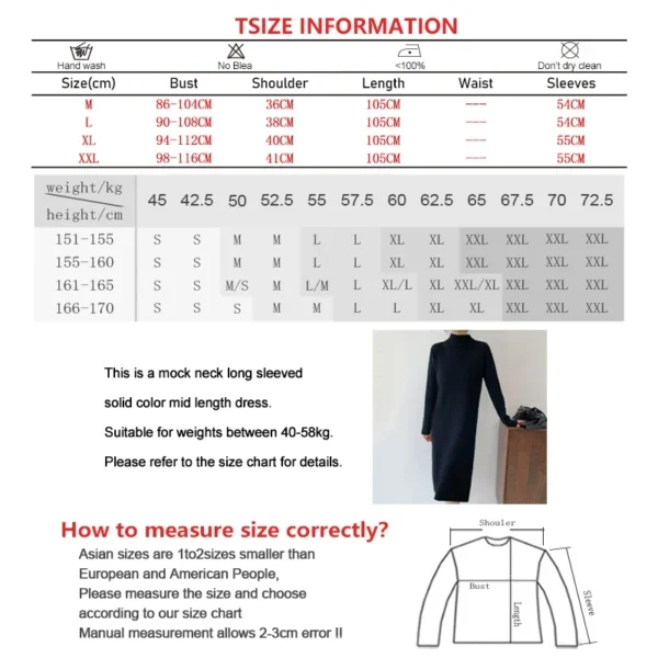 Women Autumn Winter Casual Mock Neck Solid Dress Inner Layer Long Sleeved Knit Dress Loose Mid-Length Versatile Sweater Dress - Image 3