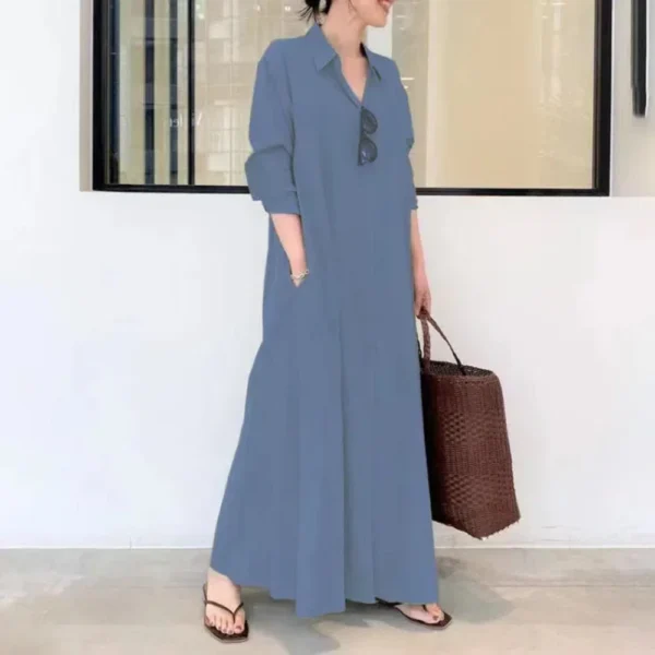 2024 New Casual Loose Women's Solid Color Collar Long Sleeve Insert Bag Simple Long Dress - Image 6