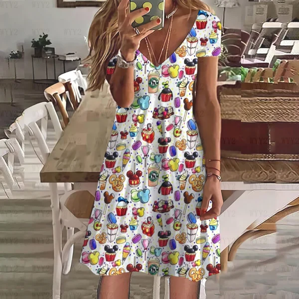 Disney Ladies Clothing Dress Summer Casual Bohemian Print V Neck Short Sleeve Mickey Mouse Street Style Simple Clothing - Image 3