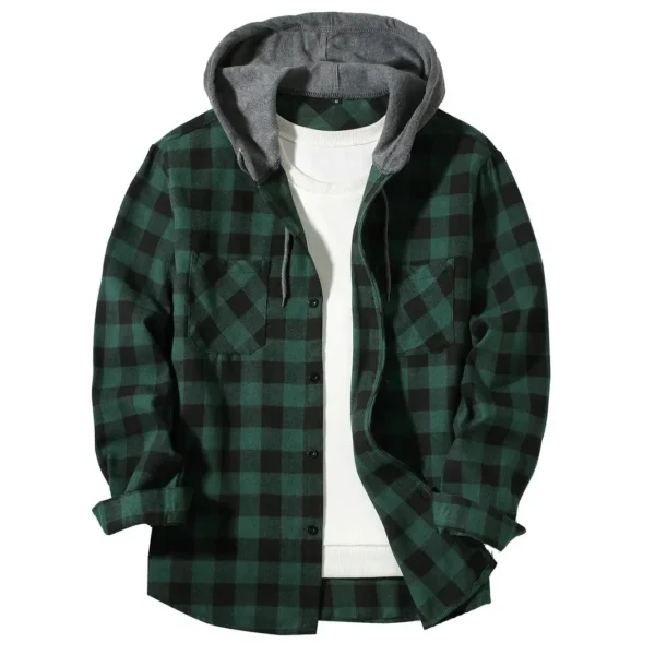 Men's Shirts Classic Plaid Casual Button Down Hooded Long Sleeved Double Pockets Shirt Hoodie Flannel Jacket Spring Autumn Tops - Image 4