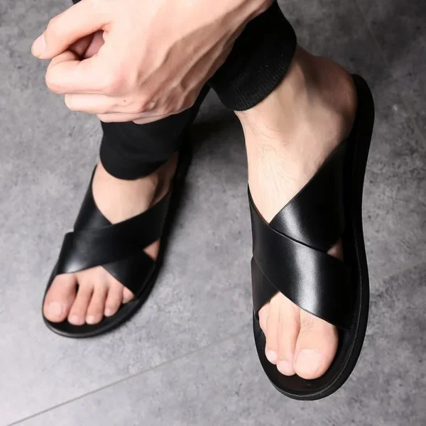 Vintage 2024 Fashion Men Shoes Summer New Men Leather Sandals Indoor Outdoor Comfort Slippers Casual Flats Beach Male Slippers - Image 2