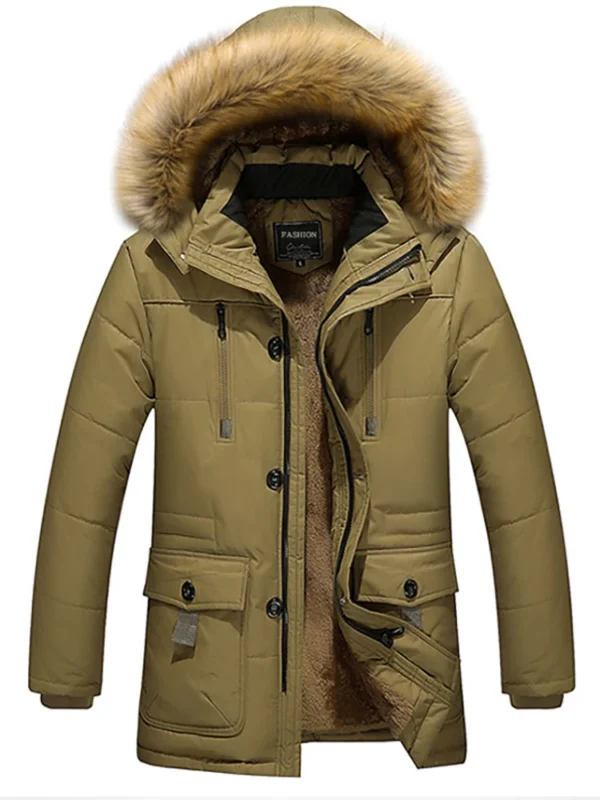 TRAF Winter Men's New Zipper Large Pockets Raccoon Collar Hair Medium-Length Padded And Thickened Cold Warm Cotton Jacket Coat