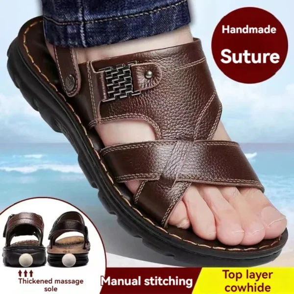 Men's genuine leather casual sandal slippers with soft rubber sole, made of top layer cowhide, fashionable and trendy shoes