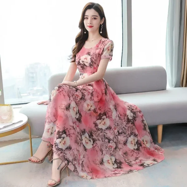 Women Dresses Elegant High-end Floral Long Skirt Ice Silk Printed Wide Skirt Casual Clothing Short Sleeves Medium-length Dress - Image 2