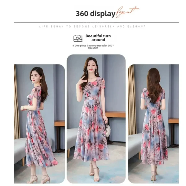 Women Dresses Elegant High-end Floral Long Skirt Ice Silk Printed Wide Skirt Casual Clothing Short Sleeves Medium-length Dress - Image 5