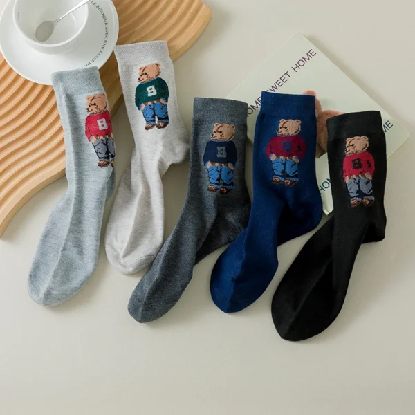 5 Pair Cartoon Gentleman Bear Men's Socks Comfortable Harajuku Skateboard Socks Novelty Breathable Sox Christmas Gift - Image 5