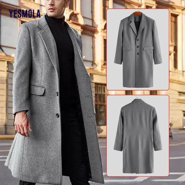 YESMOLA Autumn Winter Mens Coat Solid Long Sleeve Woolen Jackets Fleece Men Overcoat Streetwear Fashion Long Trench Outerwear - Image 5