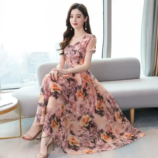 Women Dresses Elegant High-end Floral Long Skirt Ice Silk Printed Wide Skirt Casual Clothing Short Sleeves Medium-length Dress - Image 3