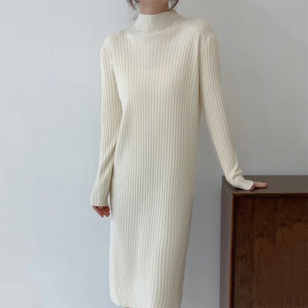 Women Autumn Winter Casual Mock Neck Solid Dress Inner Layer Long Sleeved Knit Dress Loose Mid-Length Versatile Sweater Dress - Image 2