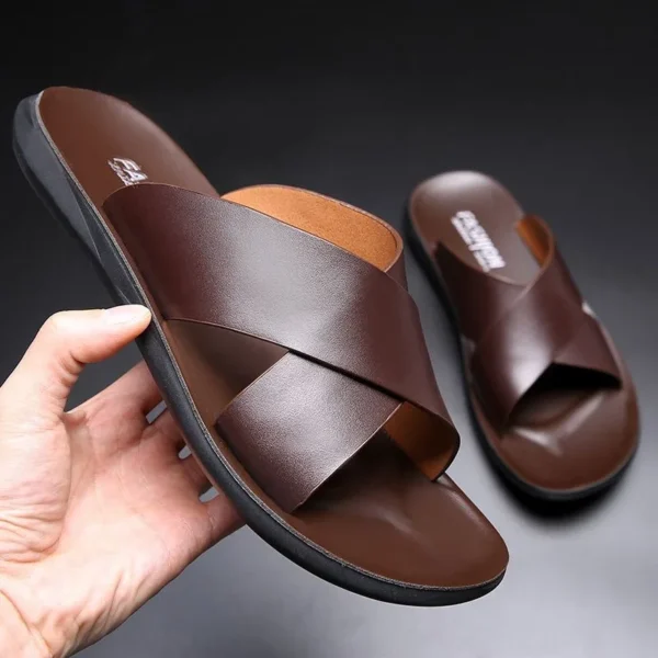 Vintage 2024 Fashion Men Shoes Summer New Men Leather Sandals Indoor Outdoor Comfort Slippers Casual Flats Beach Male Slippers - Image 3