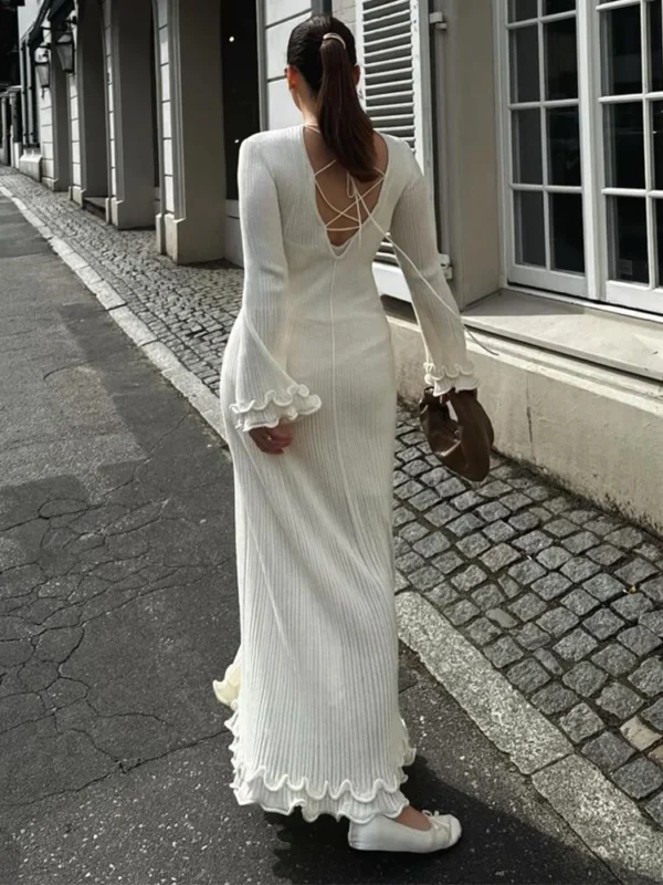 Women Elegant Ruffle Hem Knit White Long Dress O-neck Flare Long Sleeve Backless Bandage Dresses 2024 New Evening Party Robes - Image 2