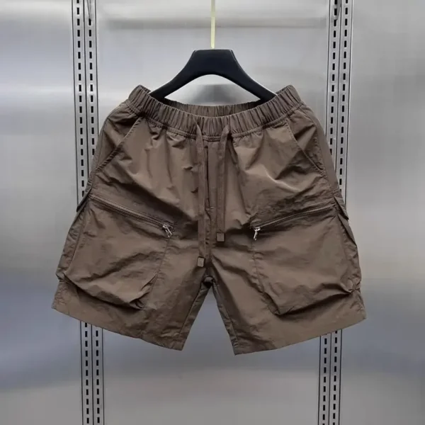 Men's Retro Multi Pocket Cargo Shorts Summer Thin Loose Straight Casual Outerwear Capris Solid Color Drawstring Short Pants - Image 2