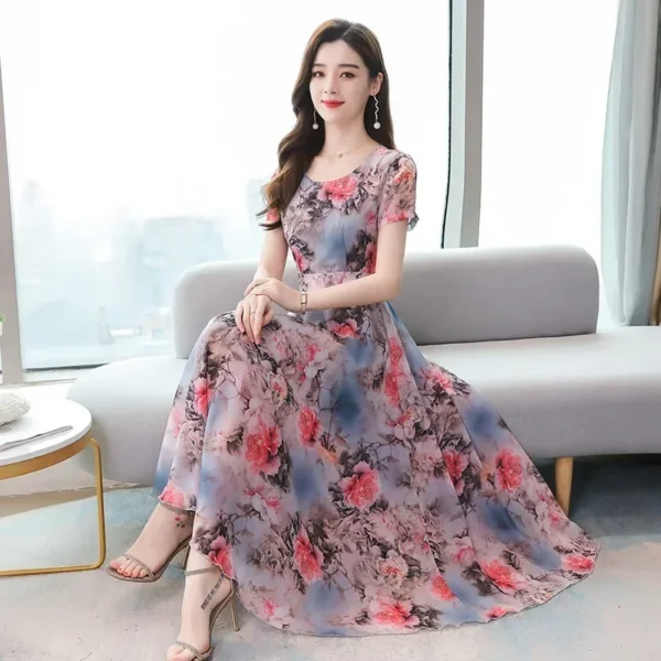 Women Dresses Elegant High-end Floral Long Skirt Ice Silk Printed Wide Skirt Casual Clothing Short Sleeves Medium-length Dress