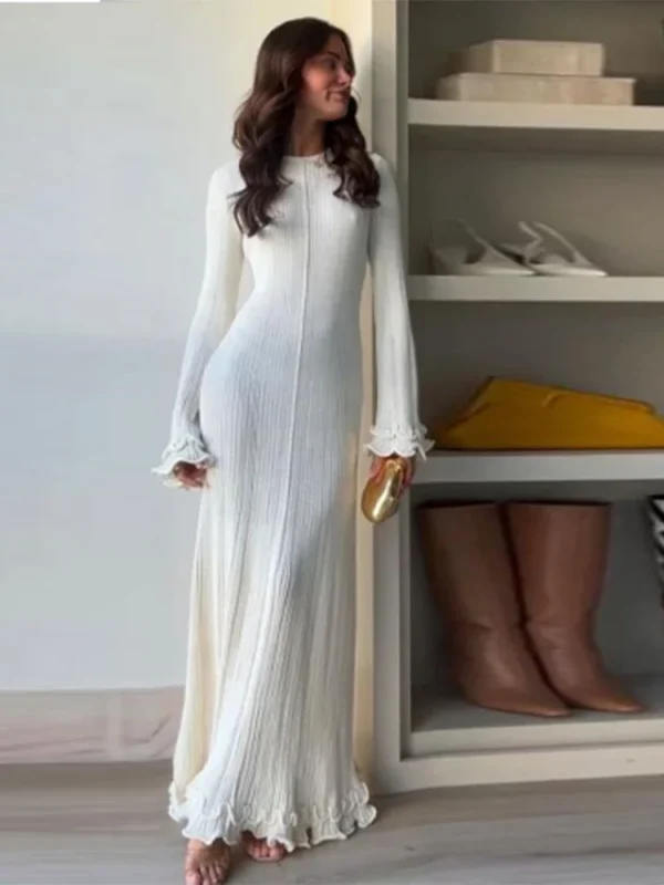 Women Elegant Ruffle Hem Knit White Long Dress O-neck Flare Long Sleeve Backless Bandage Dresses 2024 New Evening Party Robes - Image 6