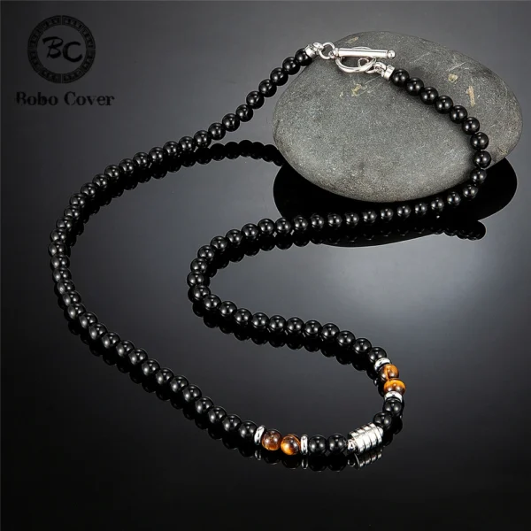 Punk Natural Stone Tiger Eye Necklace Men Double-layer 6mm Beads Chakra Bracelets Stainless Steel Accessories Charm Jewelry Gift