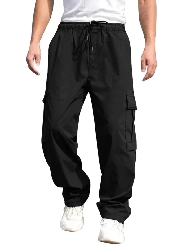 Men s Loose Cargo Long Pants Solid Color Drawstring Waist Straight Leg Trousers Casual Work Pants with Pockets