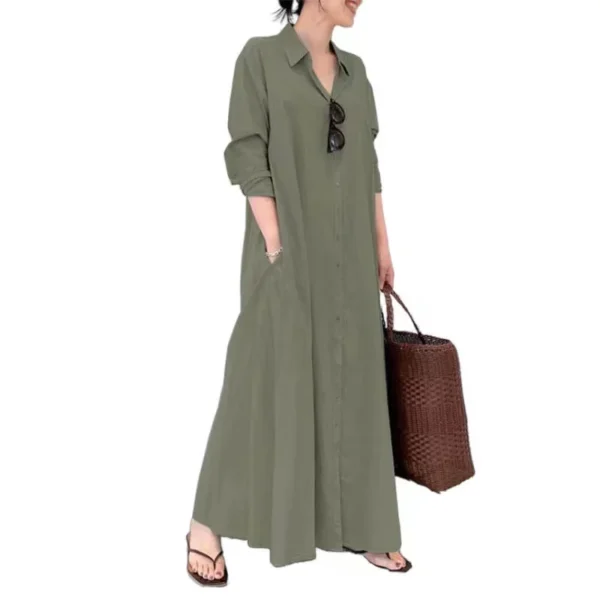 2024 New Casual Loose Women's Solid Color Collar Long Sleeve Insert Bag Simple Long Dress - Image 4