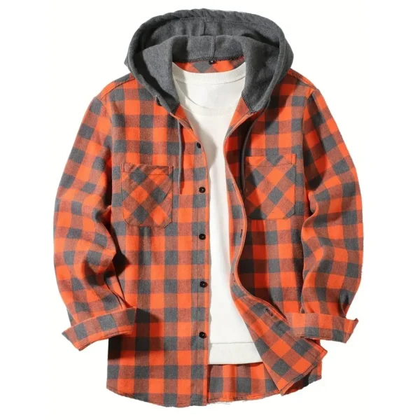 Men's Shirts Classic Plaid Casual Button Down Hooded Long Sleeved Double Pockets Shirt Hoodie Flannel Jacket Spring Autumn Tops - Image 5