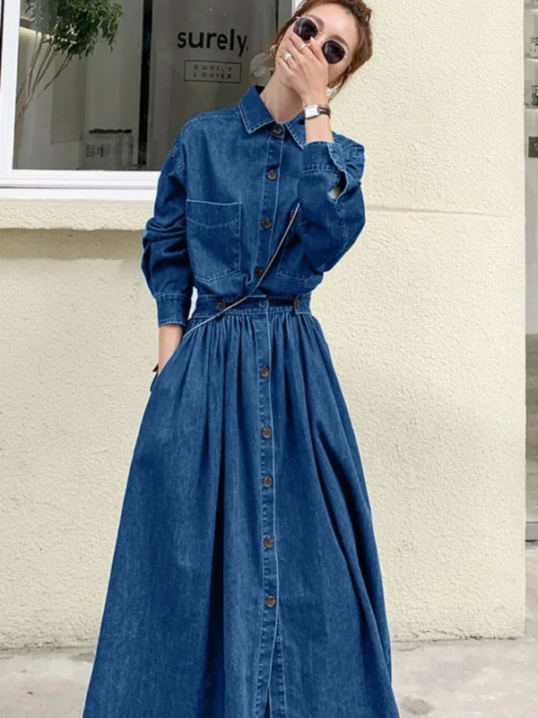 Cowboy Long Skirt Fashionable Trend Long Ankle Thin A-line Dress High Waisted Stylish Slimming Long Sleeved Casual Button Skirt - Image 6