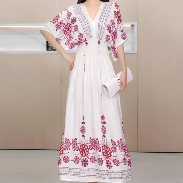 Casual Elegant Retro Bohemian National Style V-neck Elastic Waist Large Swing Printed Summer Long Skirt Woman Dress Clothes