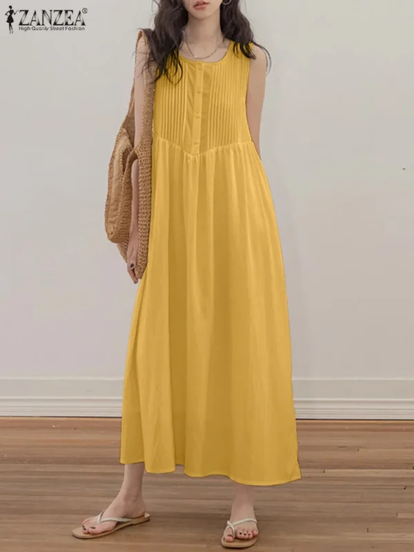 Holiday Solid Long Dress 2024 Summer Sleeveless Pleated Vestidos ZANZEA Korean Fashion Loose Sundress Casual Beach Tank Dresses - Image 7