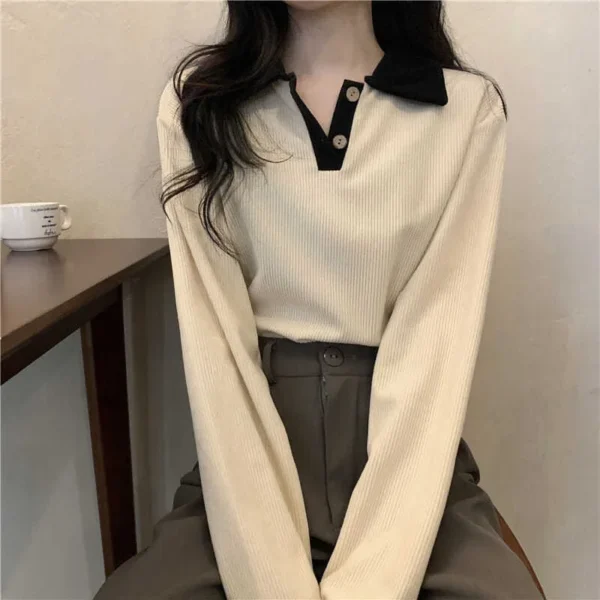 Casual Women T-shirts Korean Fashion Sweet Preppy Style Tops Female Autumn Long Sleeve Turn Down Collar Basic Pullovers Tees - Image 4