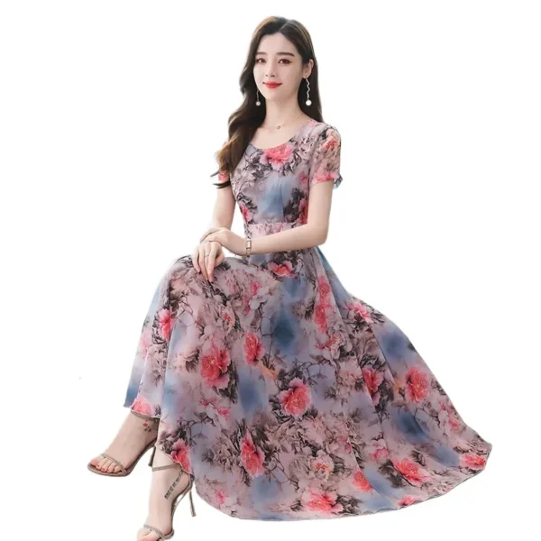 Women Dresses Elegant High-end Floral Long Skirt Ice Silk Printed Wide Skirt Casual Clothing Short Sleeves Medium-length Dress - Image 4